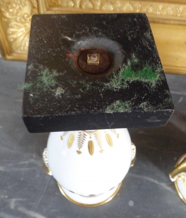 Sevres Manufacture : pair of tall porcelain vases enhanced with fine gold, marble base