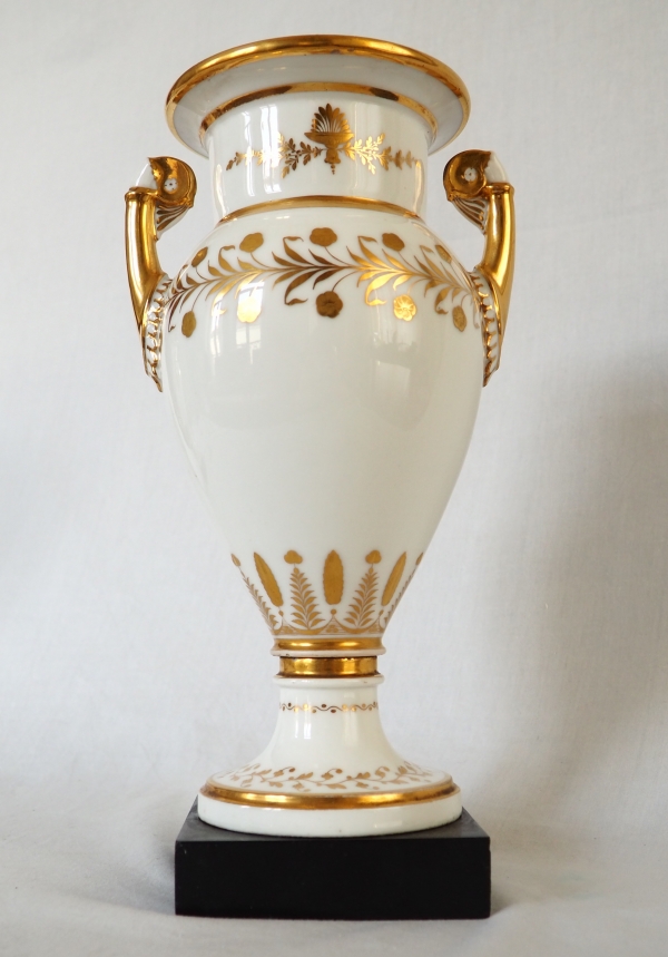 Sevres Manufacture : pair of tall porcelain vases enhanced with fine gold, marble base