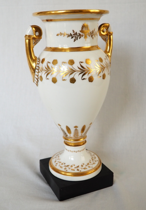 Sevres Manufacture : pair of tall porcelain vases enhanced with fine gold, marble base