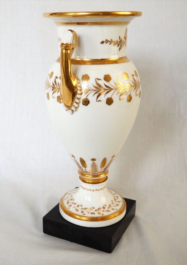 Sevres Manufacture : pair of tall porcelain vases enhanced with fine gold, marble base
