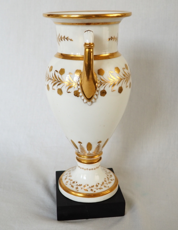 Sevres Manufacture : pair of tall porcelain vases enhanced with fine gold, marble base