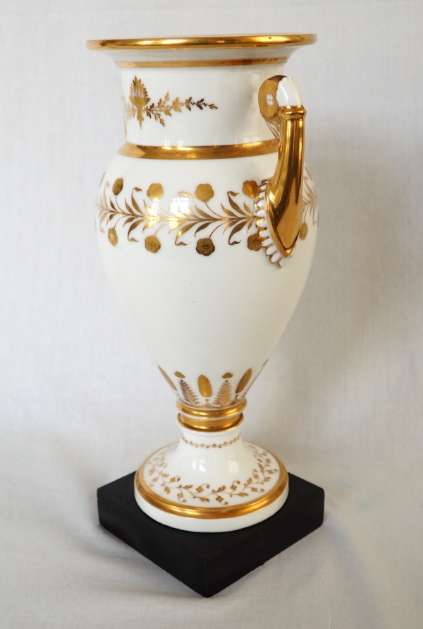 Sevres Manufacture : pair of tall porcelain vases enhanced with fine gold, marble base