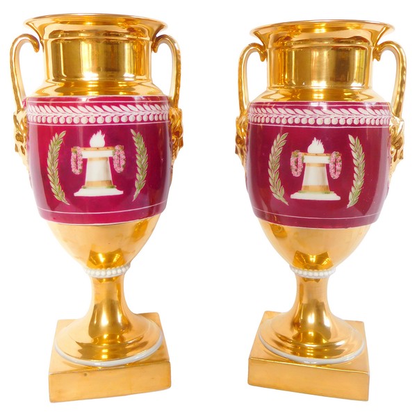 Pair of Empire style Paris porcelain vases, gilt and polychrome decoration - early 19th century