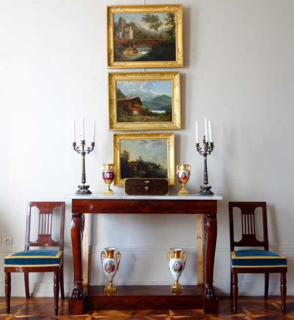 Pair of Empire style Paris porcelain vases, gilt and polychrome decoration - early 19th century