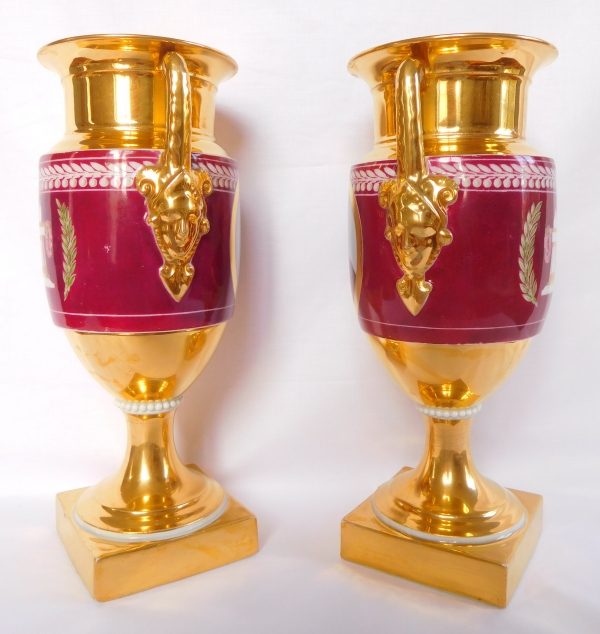 Pair of Empire style Paris porcelain vases, gilt and polychrome decoration - early 19th century