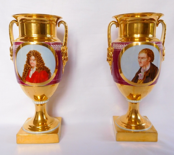 Pair of Empire style Paris porcelain vases, gilt and polychrome decoration - early 19th century