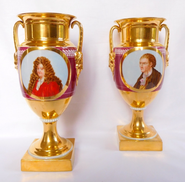 Pair of Empire style Paris porcelain vases, gilt and polychrome decoration - early 19th century