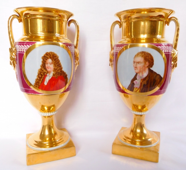 Pair of Empire style Paris porcelain vases, gilt and polychrome decoration - early 19th century