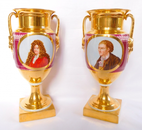 Pair of Empire style Paris porcelain vases, gilt and polychrome decoration - early 19th century