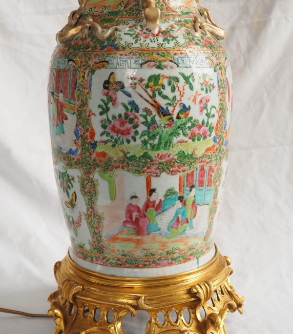 Tall Canton porcelain and ormolu lamp base or potiche, China, 19th century - 75cm