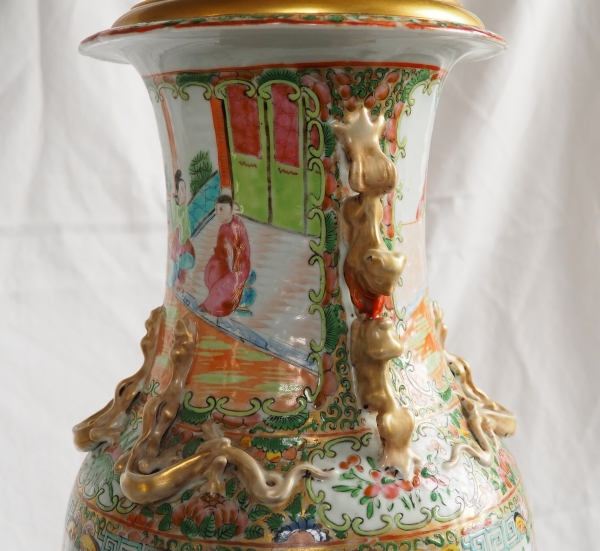 Tall Canton porcelain and ormolu lamp base or potiche, China, 19th century - 75cm