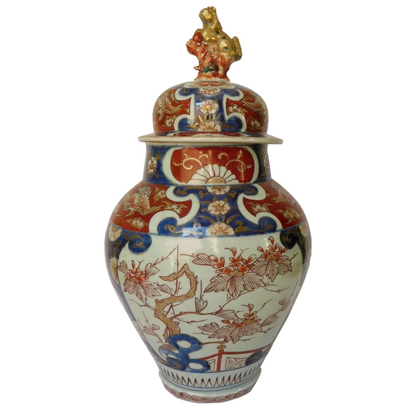 Grande potiche en porcelaine Imari fin XIXe bleue, rouge et or - 49cm