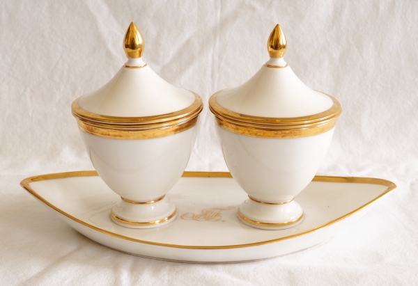 Double saucière ou confiturier Empire en porcelaine de Paris avec ses doublures