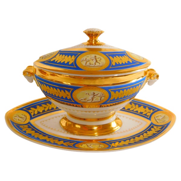 Manufacture Neppel : saucière en porcelaine bleue et or d'époque Empire - signée