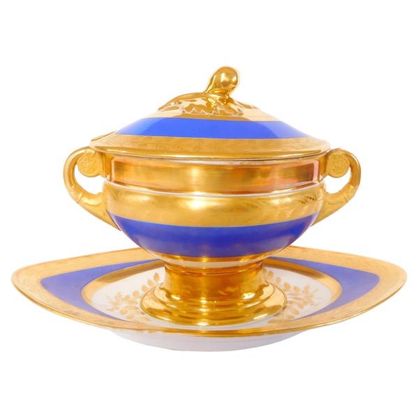 Sucrier ou saucière Empire en porcelaine bleue et or, Manufacture Schoelcher