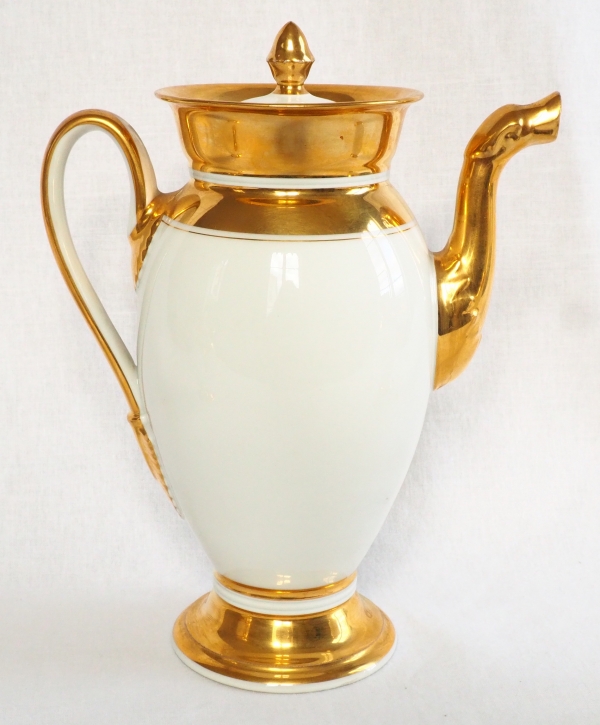 Paris porcelain coffee set enhanced with fine gold : coffee pot, sugar pot, milk jug