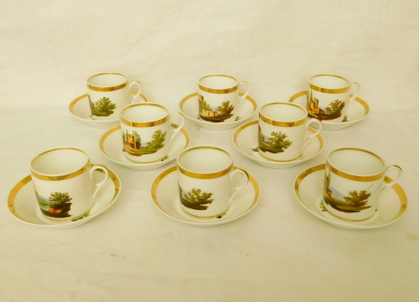 Service à café Empire en porcelaine de Paris dorée à l'or fin et paysages italiens, 10 Pièces