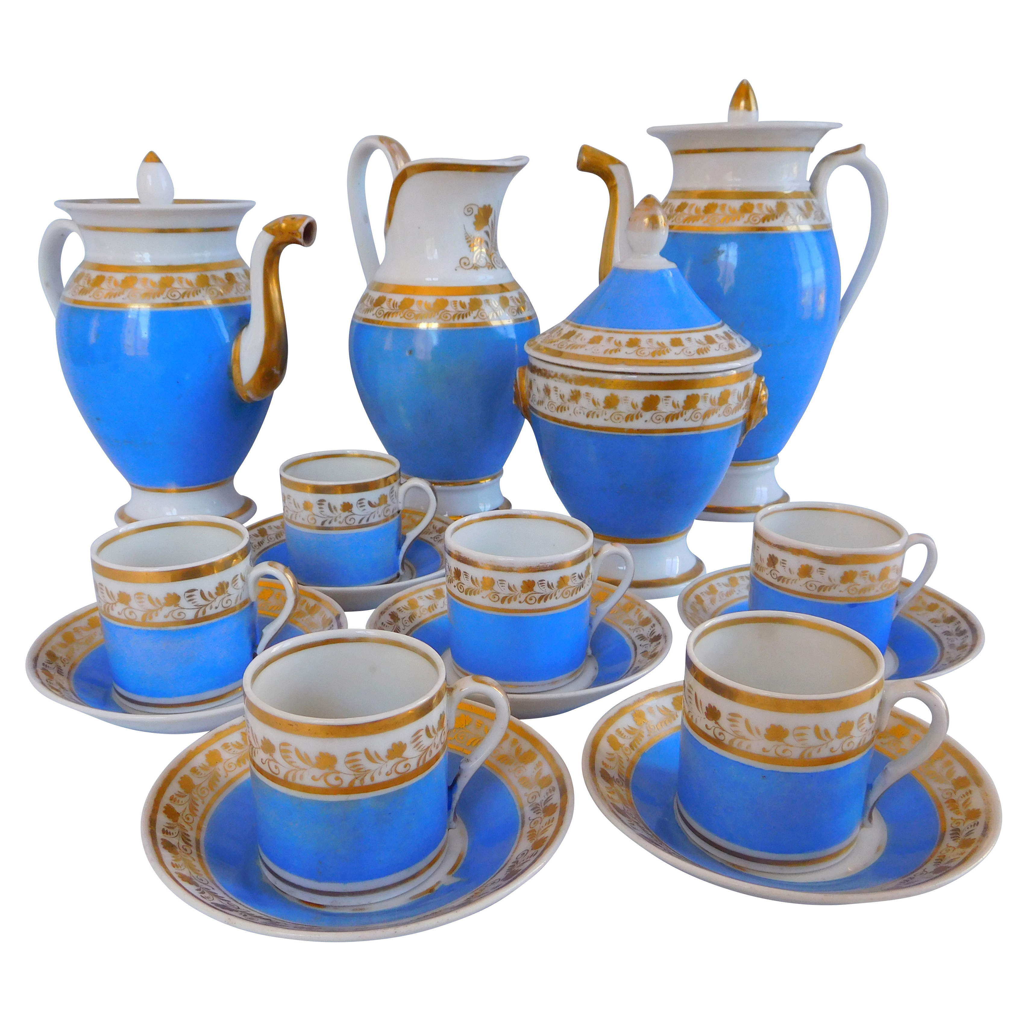 Service à café d'époque Empire en porcelaine de Paris bleue et or - 10 pièces