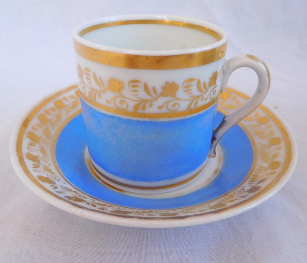 Service à café d'époque Empire en porcelaine de Paris bleue et or - 10 pièces