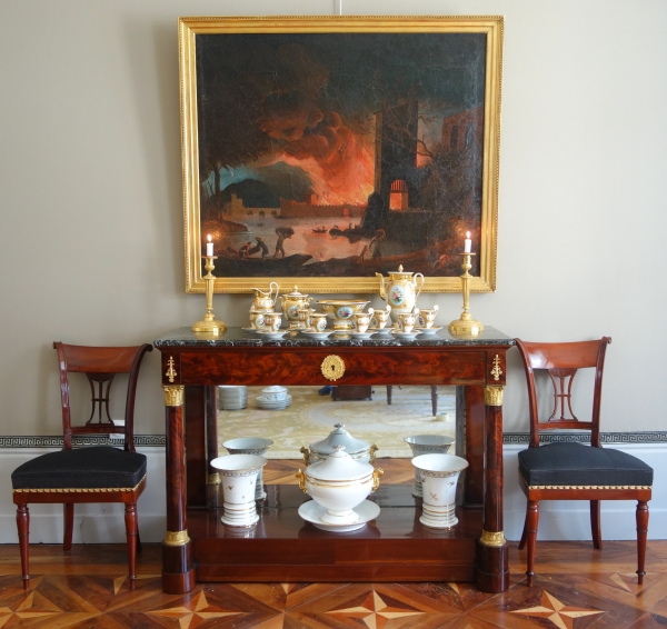 Service à café complet pour 8, porcelaine dorée florale, époque Empire Restauration - 12 pièces