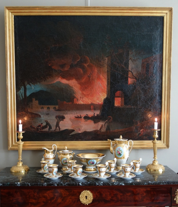 Service à café complet pour 8, porcelaine dorée florale, époque Empire Restauration - 12 pièces