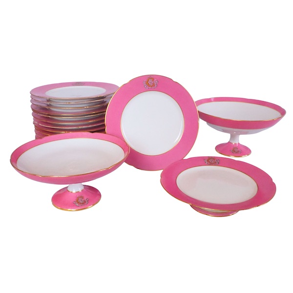 Jullien Fils Aine : Paris porcelain dessert set enhanced with fine gold and pink edges, AC monogram, 19th century