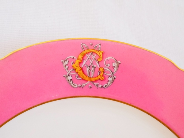 Jullien Fils Aine : Paris porcelain dessert set enhanced with fine gold and pink edges, AC monogram, 19th century