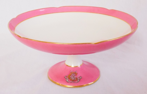 Jullien Fils Aîné : service à dessert en porcelaine de Paris, marli rose, monogramme AC, époque XIXe siècle - signé