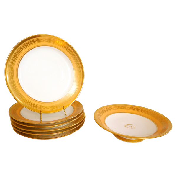 Flamen Fleury Manufacture : Empire Paris porcelain dessert set for 6 enhanced with fine gold