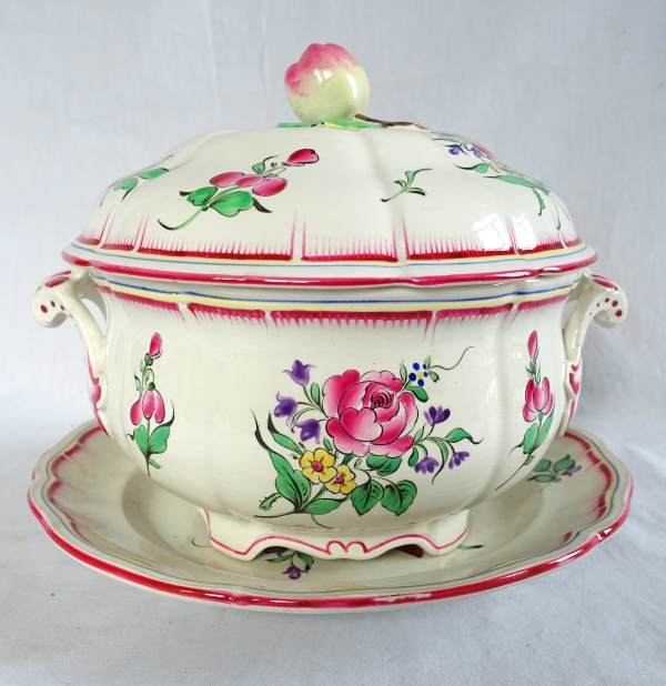 Soupière et son dormant en faïence de Lunéville polychrome, décor réverbère - signée 