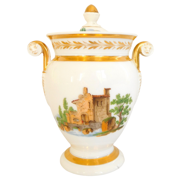 19th century Paris porcelain sugar pot, Italian landscapes and fine gold gilt - circa 1820