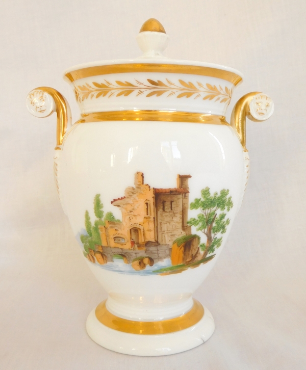 19th century Paris porcelain sugar pot, Italian landscapes and fine gold gilt - circa 1820