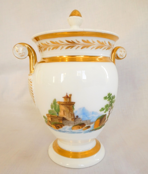19th century Paris porcelain sugar pot, Italian landscapes and fine gold gilt - circa 1820