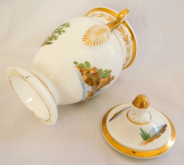 19th century Paris porcelain sugar pot, Italian landscapes and fine gold gilt - circa 1820