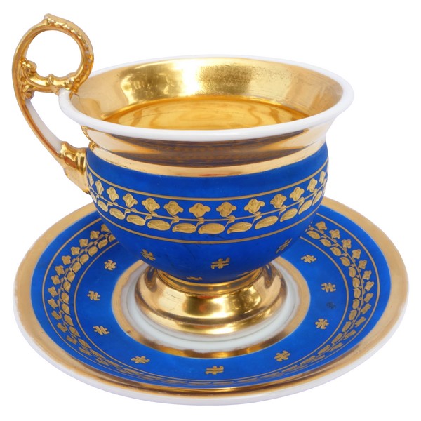 Large cup and its saucer, Paris porcelain - blue coloured biscuit enhanced with fine gold, 19th century