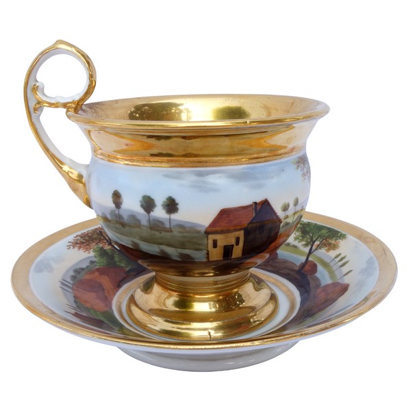 Large Paris porcelain breakfast cup gilt with fine gold, landscape decoration, early 19th century circa 1820