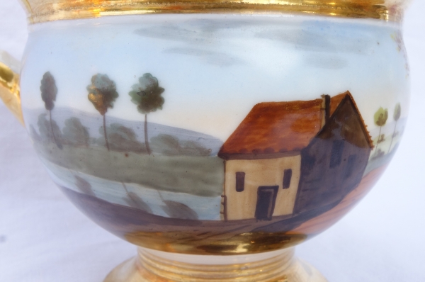 Large Paris porcelain breakfast cup gilt with fine gold, landscape decoration, early 19th century circa 1820