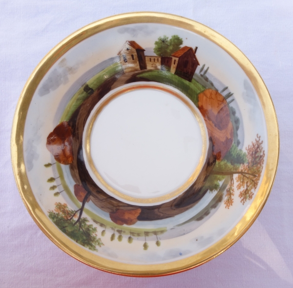 Large Paris porcelain breakfast cup gilt with fine gold, landscape decoration, early 19th century circa 1820