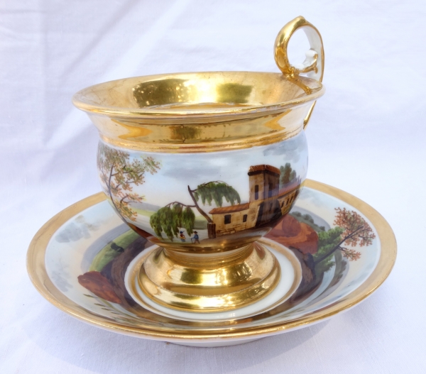 Large Paris porcelain breakfast cup gilt with fine gold, landscape decoration, early 19th century circa 1820