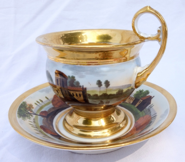 Large Paris porcelain breakfast cup gilt with fine gold, landscape decoration, early 19th century circa 1820