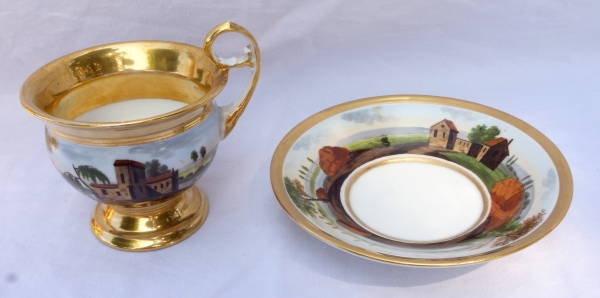 Large Paris porcelain breakfast cup gilt with fine gold, landscape decoration, early 19th century circa 1820