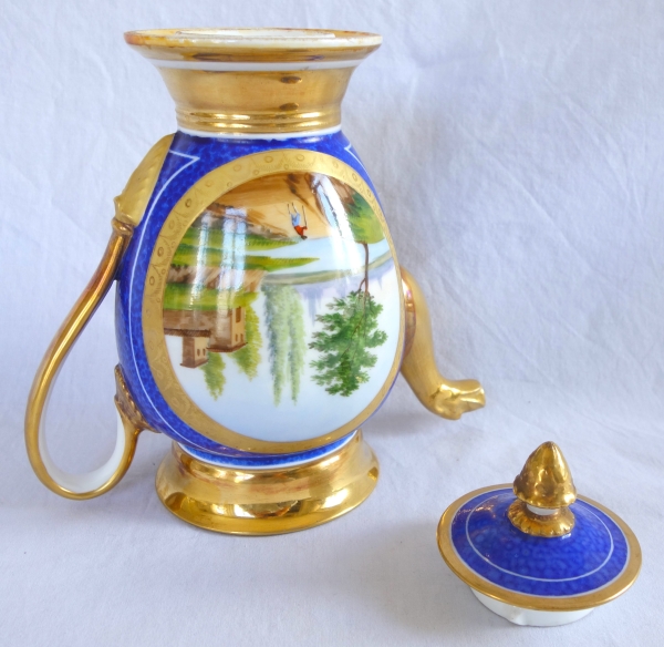 Verseuse / théière Empire à décor bleu et or en porcelaine de Paris, époque Restauration