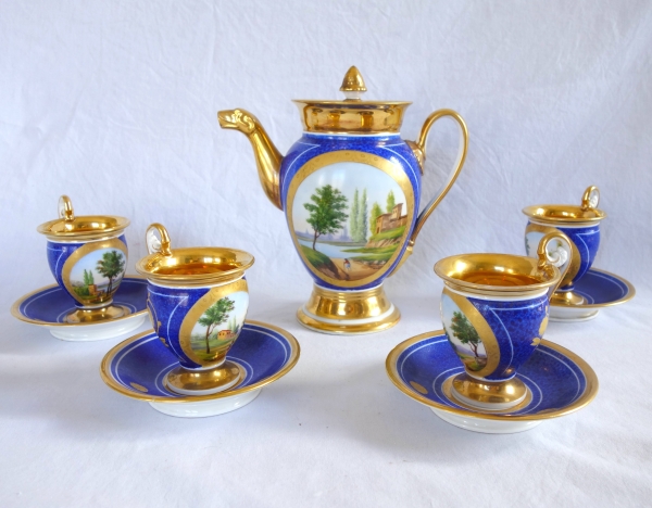 Verseuse / théière Empire à décor bleu et or en porcelaine de Paris, époque Restauration