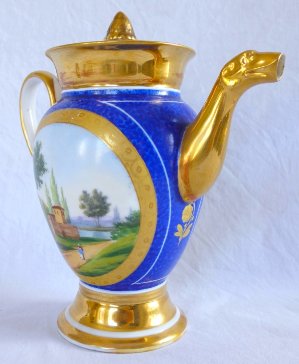 Verseuse / théière Empire à décor bleu et or en porcelaine de Paris, époque Restauration