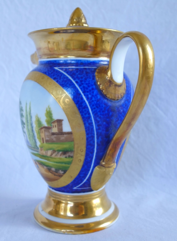 Verseuse / théière Empire à décor bleu et or en porcelaine de Paris, époque Restauration
