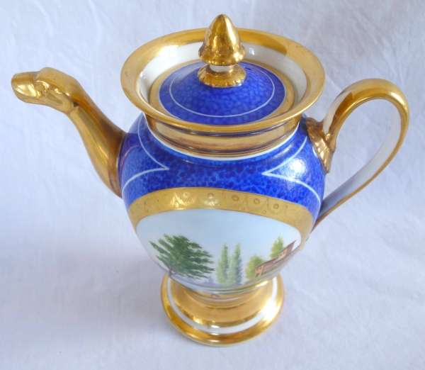 Verseuse / théière Empire à décor bleu et or en porcelaine de Paris, époque Restauration