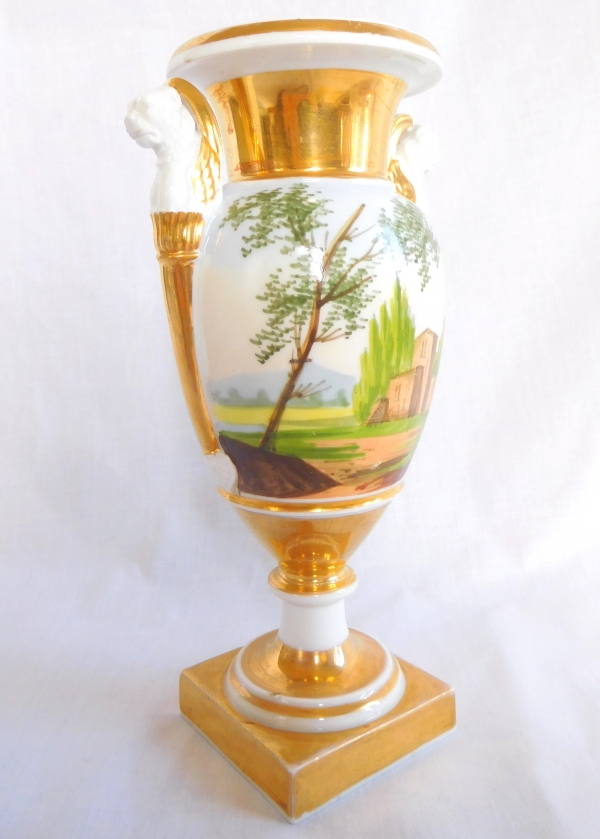 Empire Paris porcelain vase, Italian landscapes, lion-shaped handles, early 19th century