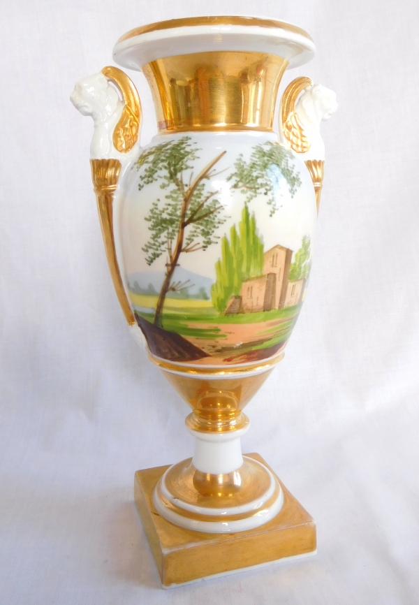 Empire Paris porcelain vase, Italian landscapes, lion-shaped handles, early 19th century