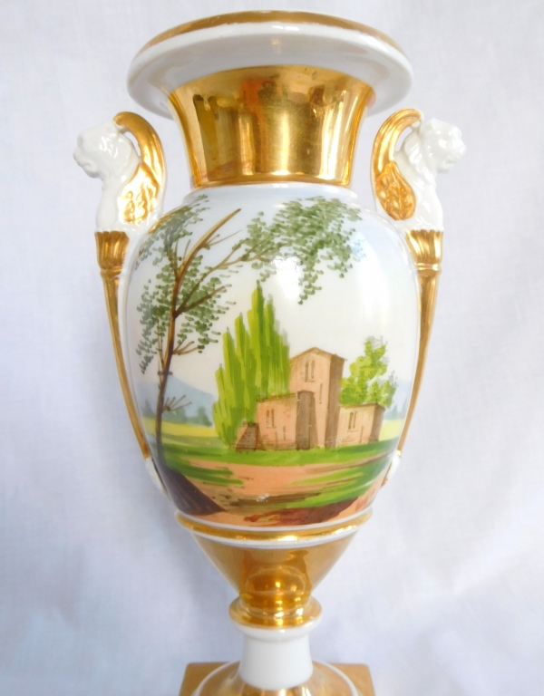 Empire Paris porcelain vase, Italian landscapes, lion-shaped handles, early 19th century