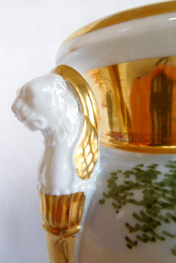 Empire Paris porcelain vase, Italian landscapes, lion-shaped handles, early 19th century